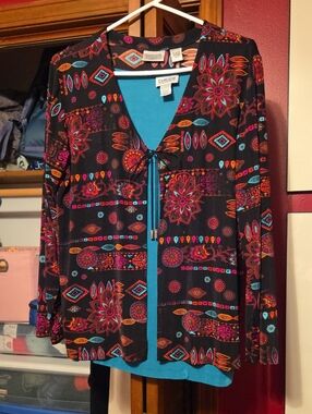 Chico's Black Floral-Geometric Tie-Front Top with Teal Tank